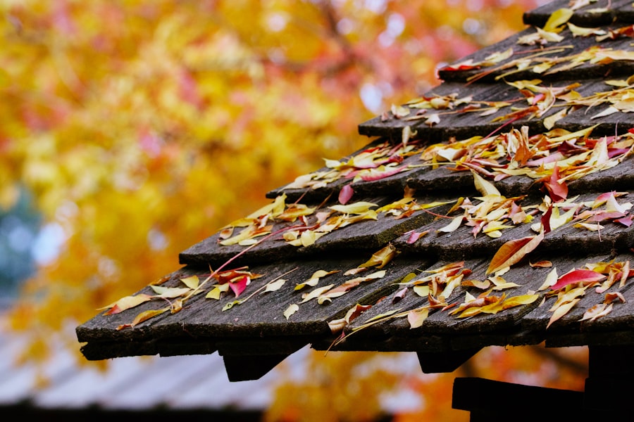 Fall leaves collected on a roofline before gutter cleaning